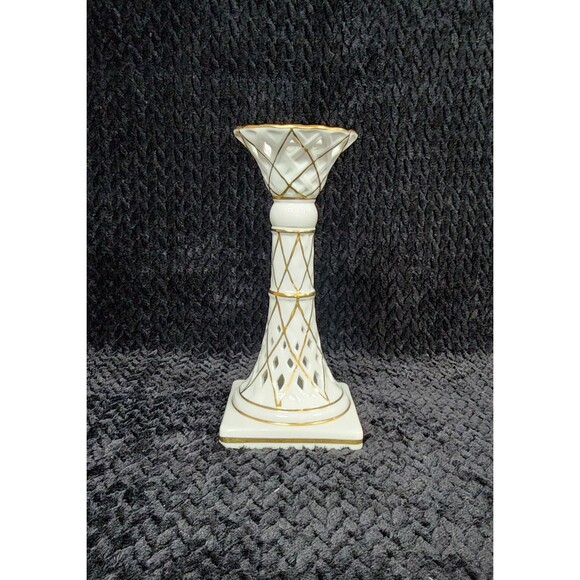 Vintage Arnart Porcelain Pierced Lattice Candle Holder White & Gold 1950s–1980s - Picture 1 of 8